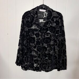Elisabeth Velvet Burnout Black Floral Velvet Button Down Top Sheer Size XL
